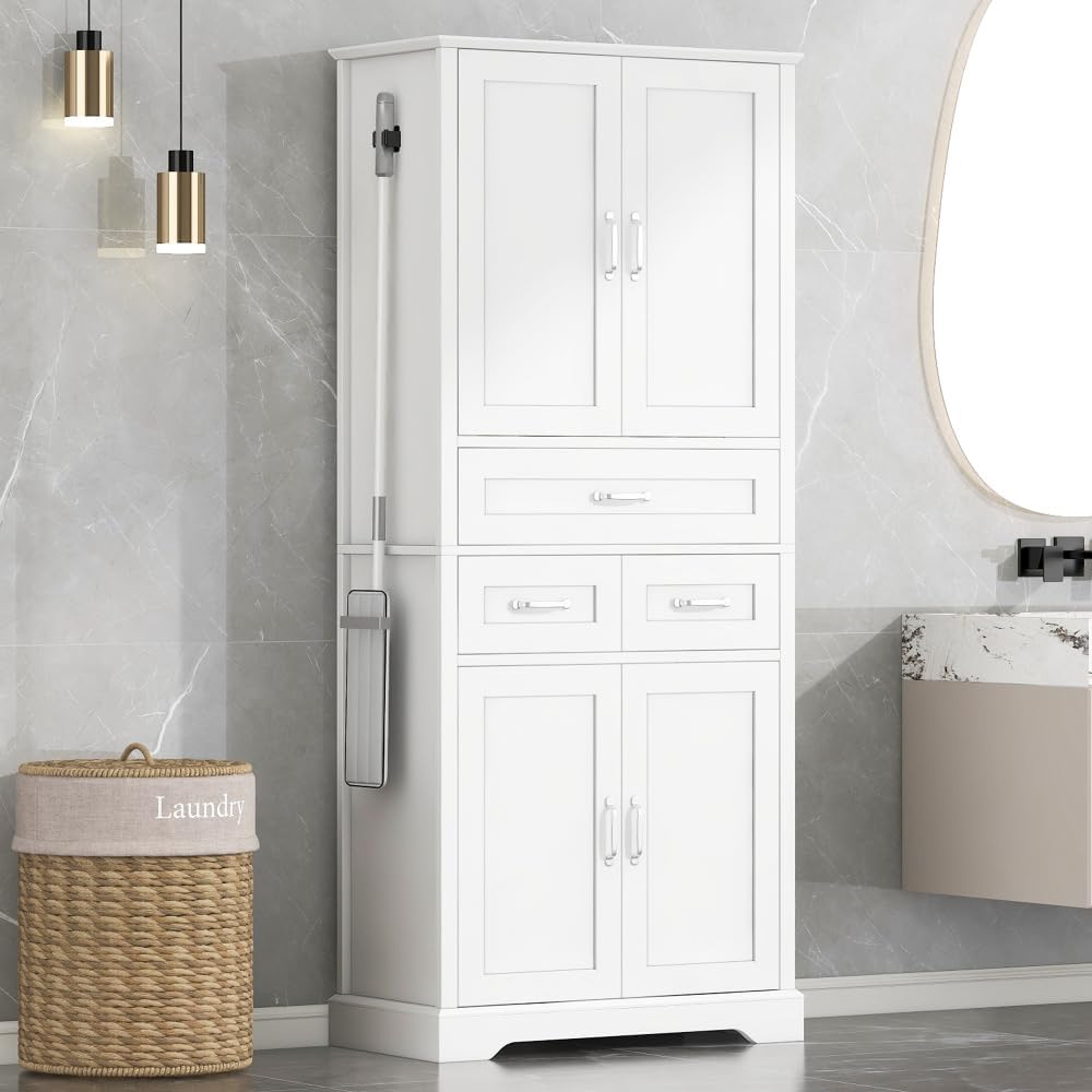Wood Tall Storage Cabinet with Storage, 4 Doors & 3 Drawers, Bathroom Sto...