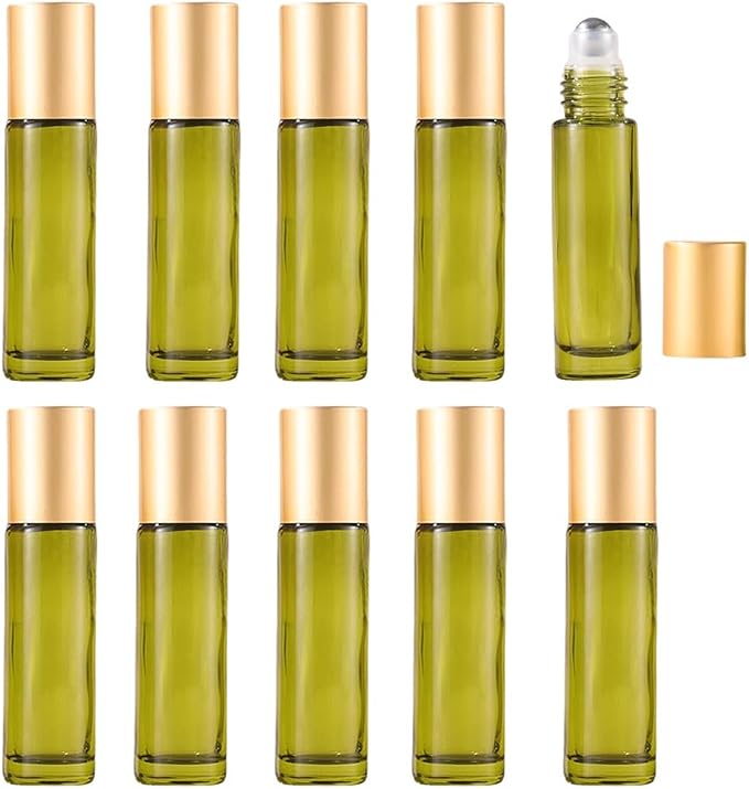 10 Pack Glass Roller Bottles for Essential Oils, 10ml Green Roll on Bottles by YORROR