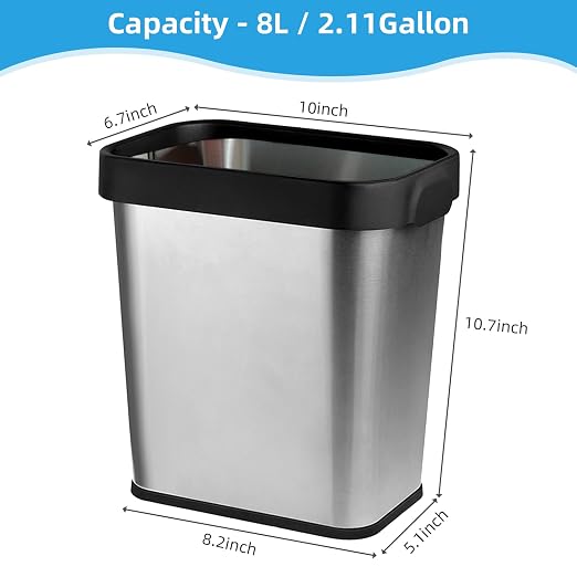 2 Pack Stainless Steel Trash Can 2 Gallon, Open Top Trash Can, Rectangle - Image 3