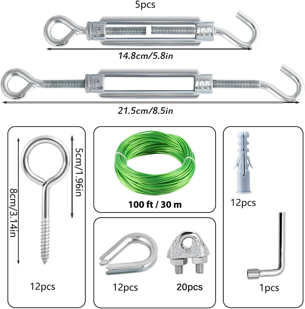 3/16" Clothes Line Outdoors, 100 ft PVC Coated Steel Cable Clip Kit