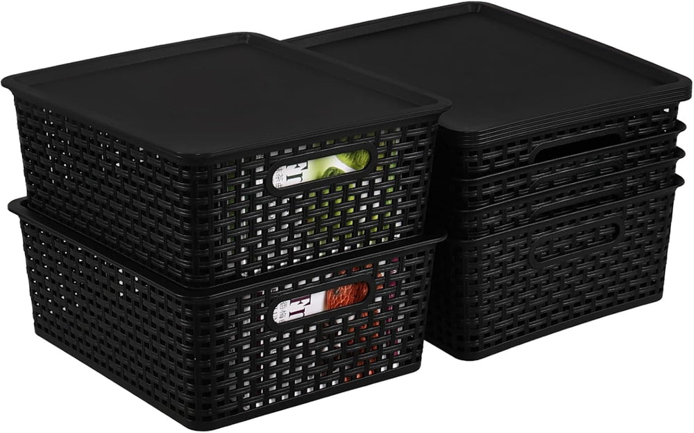 6 Packs Large Plastic Storage Baskets with Lid, Shelf Bins, Black