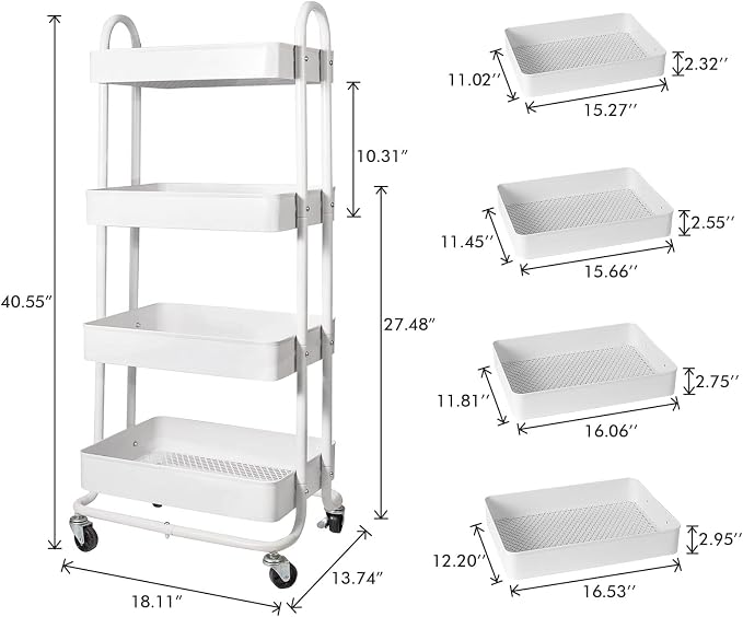 elabo 4-Tier Metal Mesh Utility Rolling Cart, Storage Organizer Trolley - Image 2
