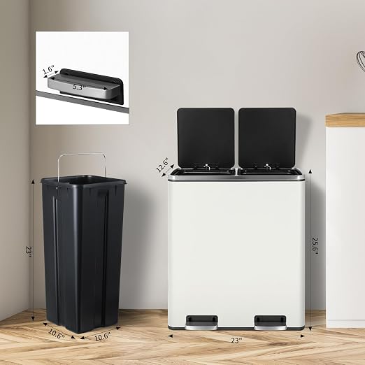 16 Gallon Rectangular Stainless Steel Trash Can, Dual Compartment Garbage Bin - Image 2