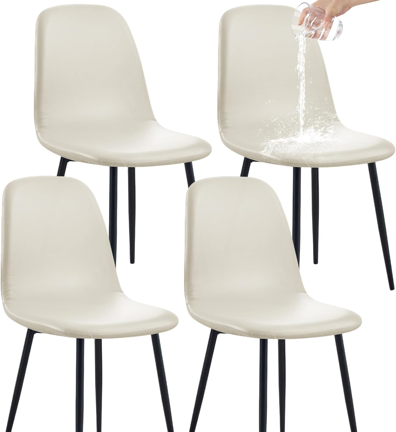 FUANGUI Waterproof PU Leather Mid Century Modern Dining Chair Cover Set of 4, Stretch Covers for Shell Dining Chairs, Lounge Armless Chairs Slipcover for Kitchen Living Room Side Chairs -Off-White