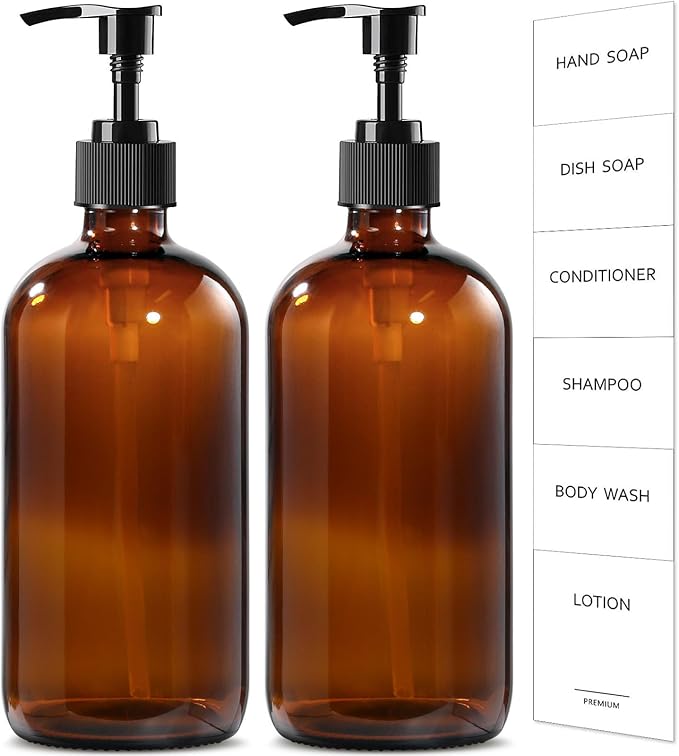 GMISUN Amber Glass Soap Dispenser, 2 Pack Bathroom Hand Soap Dispensers by GMISUN