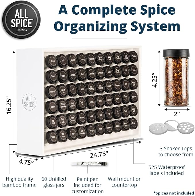 AllSpice Spice Rack Organizer, 525 Unique Labels, Countertop or Wall Mount - Image 3