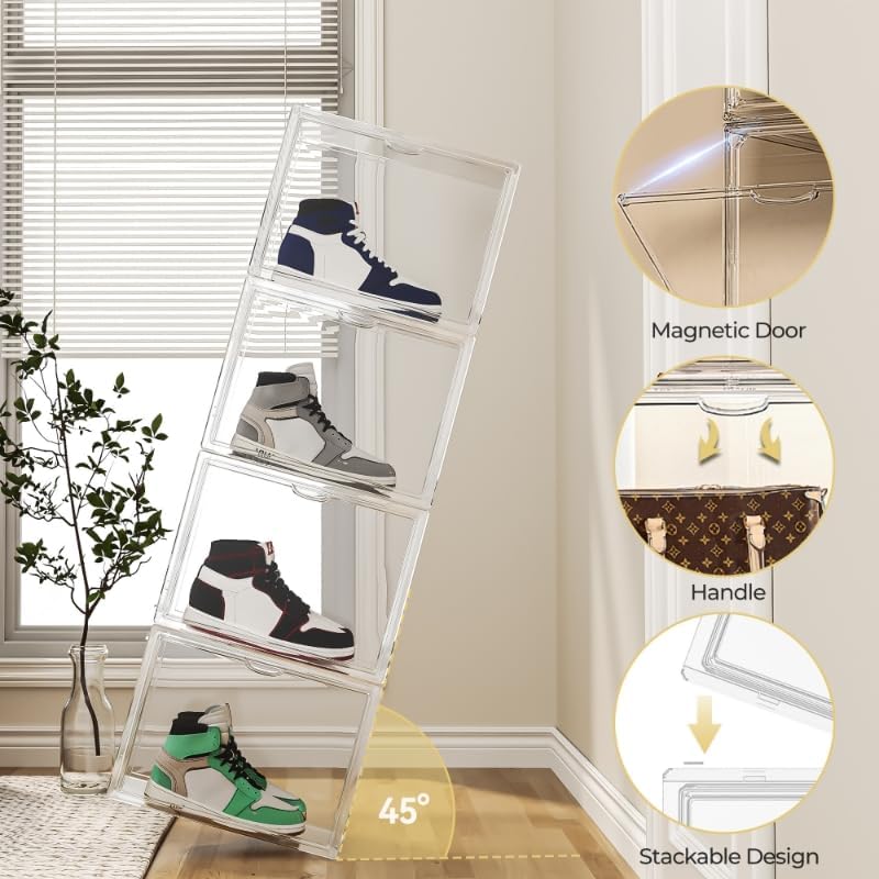 Clear Shoe Storage Boxes with Divider, Stackable Plastic Boot Boxes