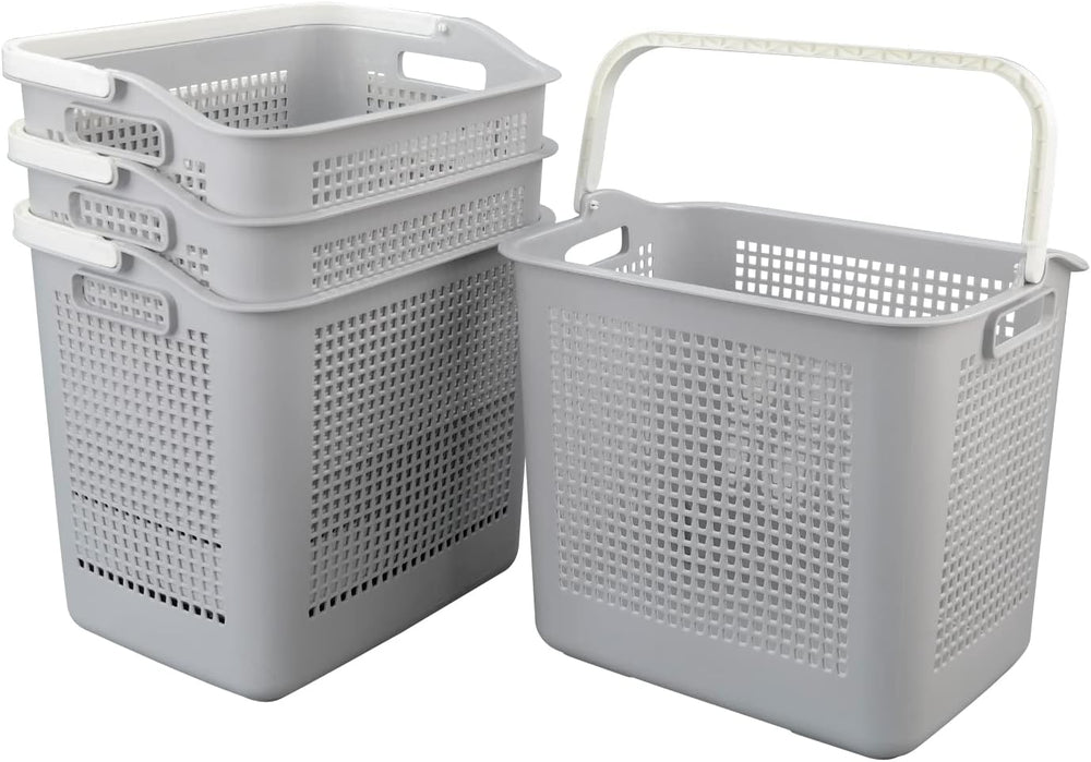 4-Pack 35 L Plastic Laundry Hamper, Storage Basket with Handle, Gray