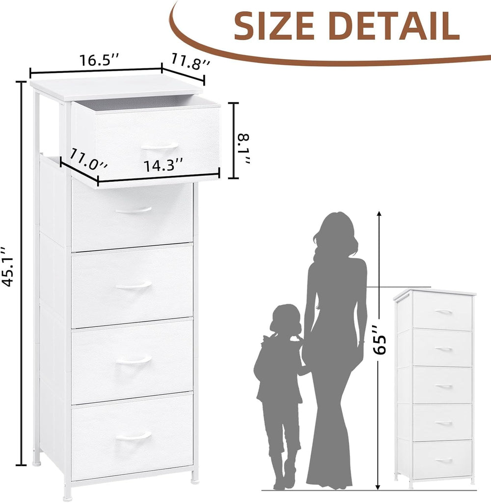Somdot Tall Dresser for Bedroom, 5 Drawer Storage Cabinet, White