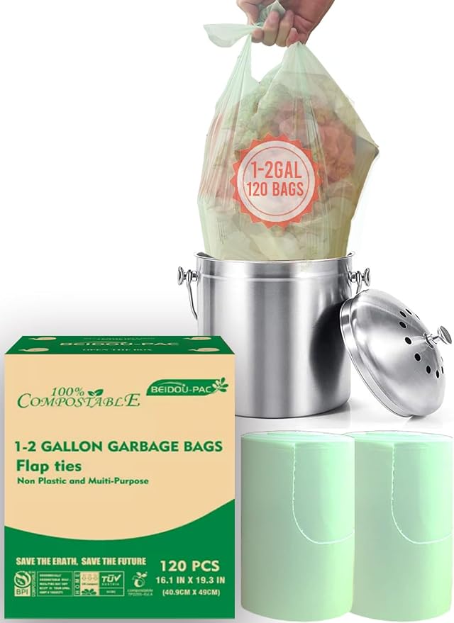 1-2 Gallon Flap Tie Compostable Trash Bags, Biodegradable Kitchen Garbage Bags by BEIDOU-PAC