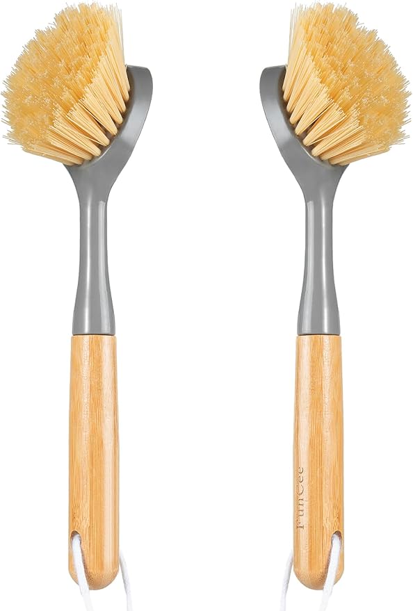 2 Pack Dish Brushes with Bamboo Handle, Kitchen Dish Scrubber Built-in Scraper by FunCee