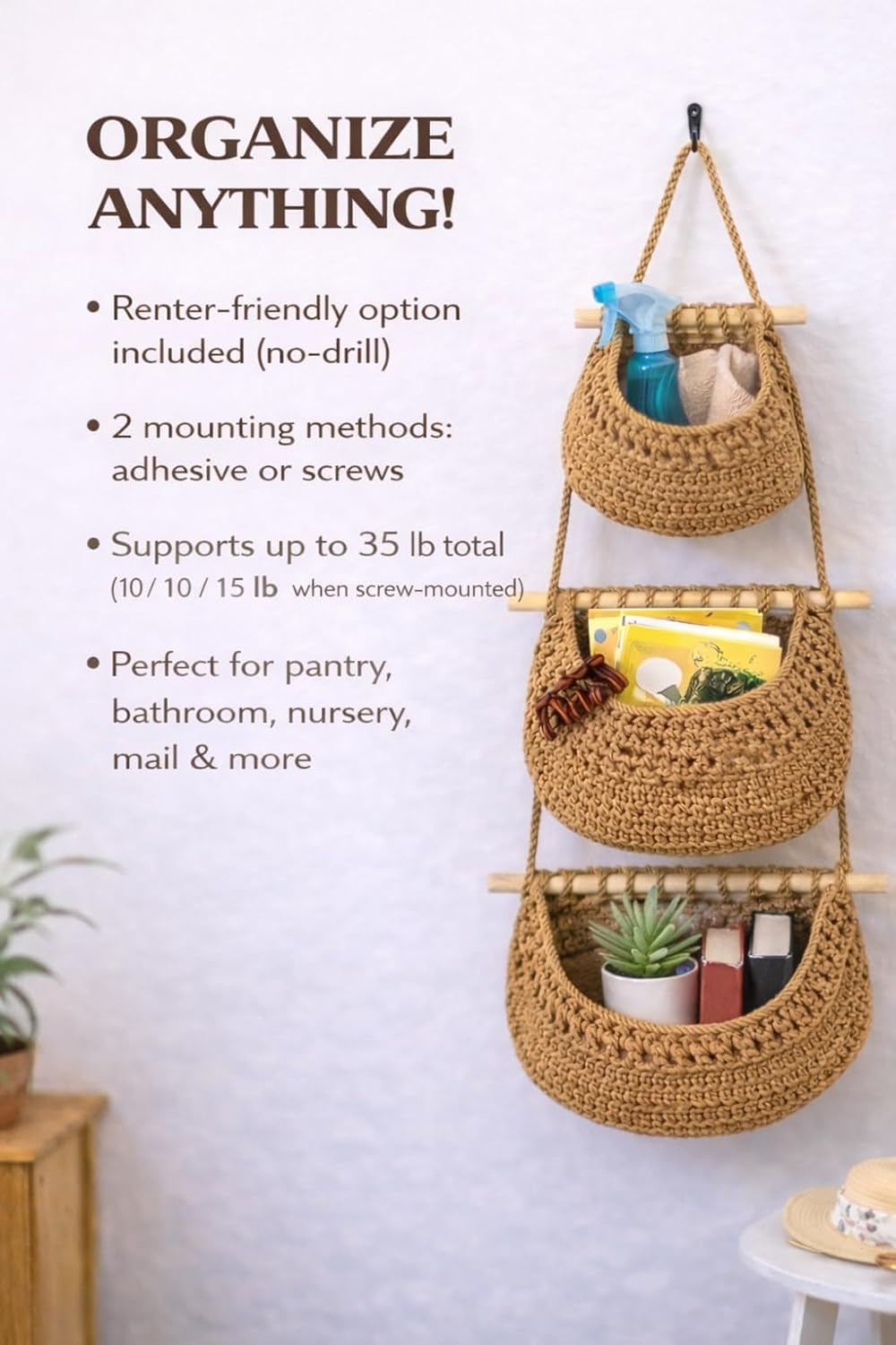 Hanging Wall Basket (3-Tier) Organizer – Cotton Rope Wall Storage for Bathroom, Kitchen & Nursery – Detachable Baskets + No-Drill Adhesive Hooks Included (Renter Friendly)