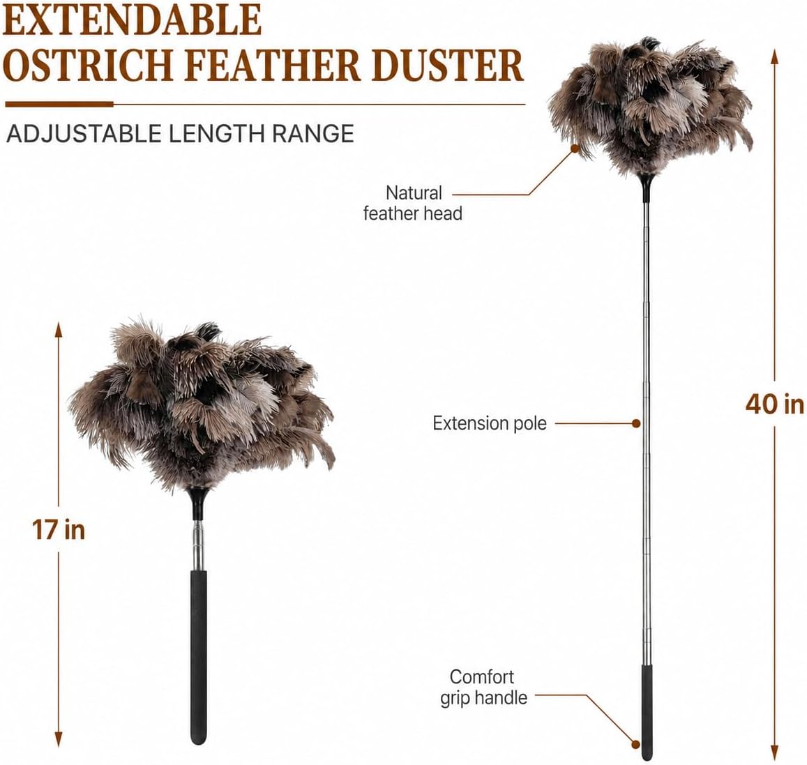 Ostrich Feather Duster for Cleaning, Extendable 17 to 40 Inches Fluffy Duster, Ideal for Ceiling Fans, Lamps, Blinds and Furniture