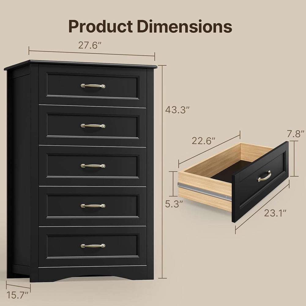 Gizoon 5 Drawer Dresser, Black Wood Chest of Drawers for Bedroom