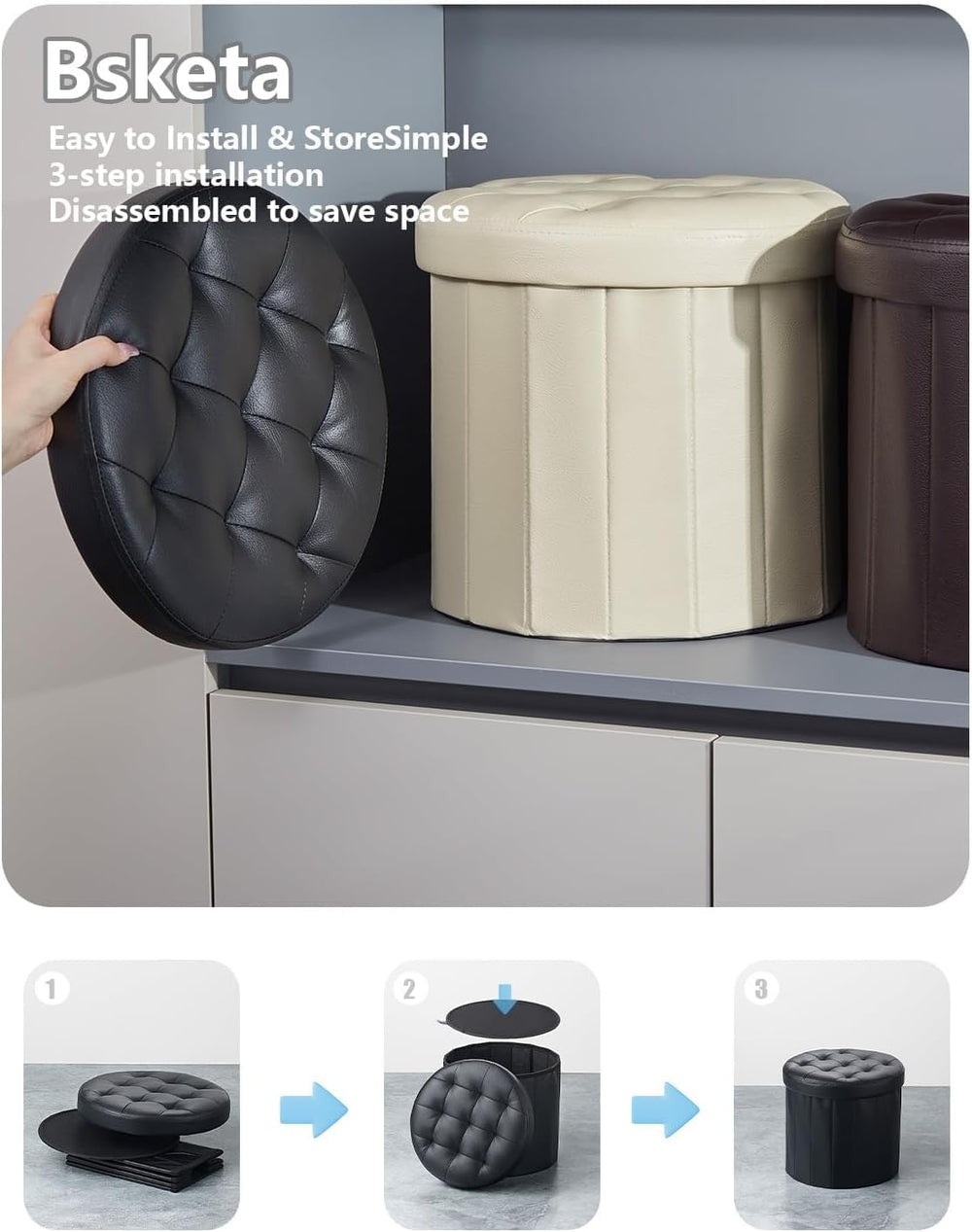 Bsketa Round Storage Ottoman, 14" Folding Leather Foot Rest, Black 2 Pack