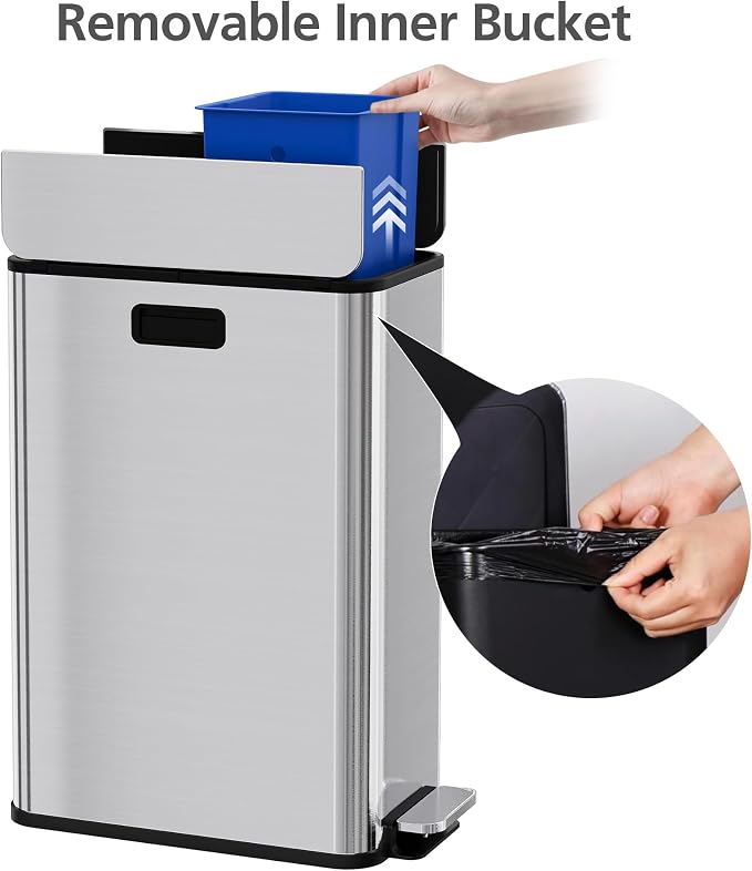 2 x 7.4 Gal Slim Trash Can, Stainless Steel Dual Compartment Step-On Recycling - Image 5