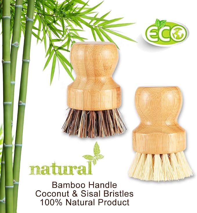 Bamboo Dish Brush with Ceramic Dish, Natural Bristle Palm Brush Pot Scrubber - Image 7