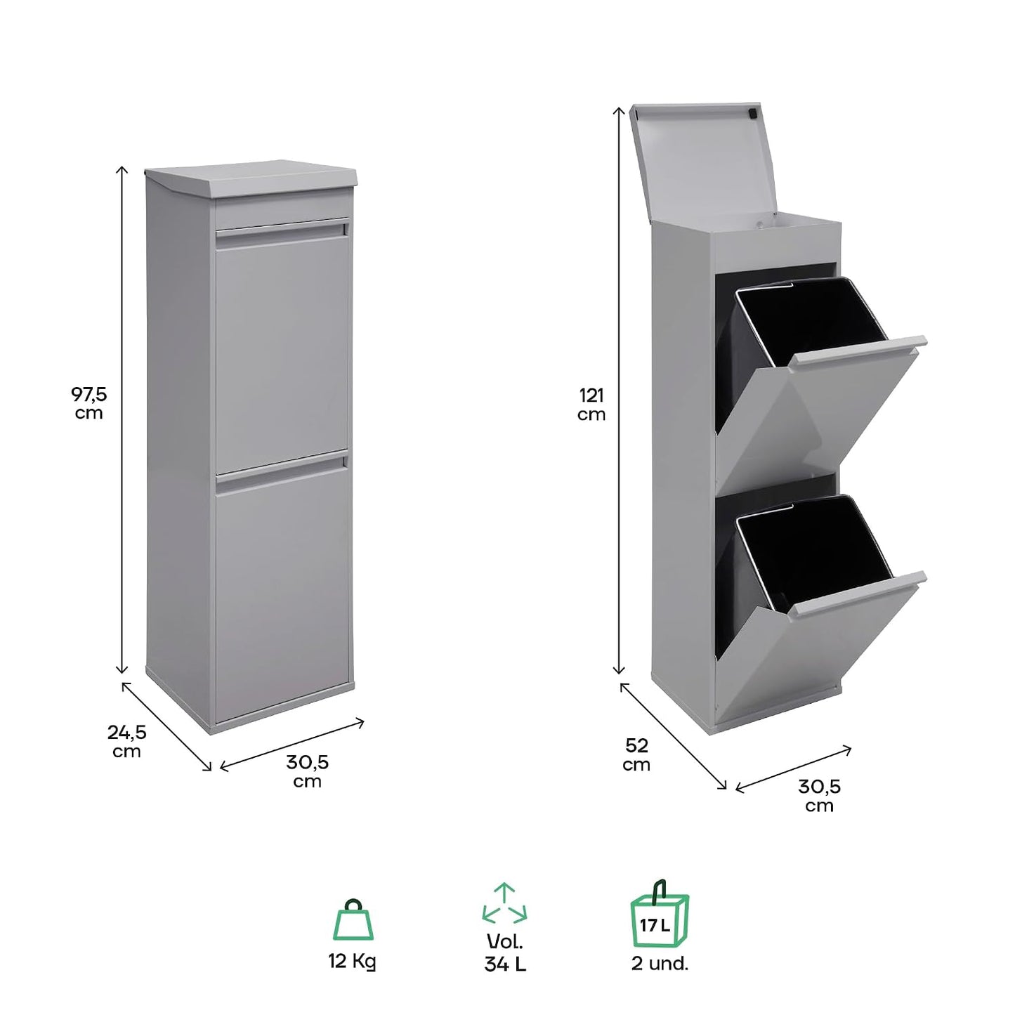 ARREGUI Top CR222-B Steel Recycling Bin with Lid and Top Tray, Multi-Use, Light Grey, 97.5 x 30.6 x 24.5 cm