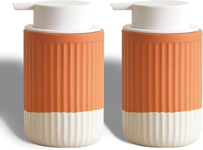 2 Pack Hand Dipped Terracotta Ceramic Foam Soap Dispenser, 12 oz Rippled by ABBINIMO