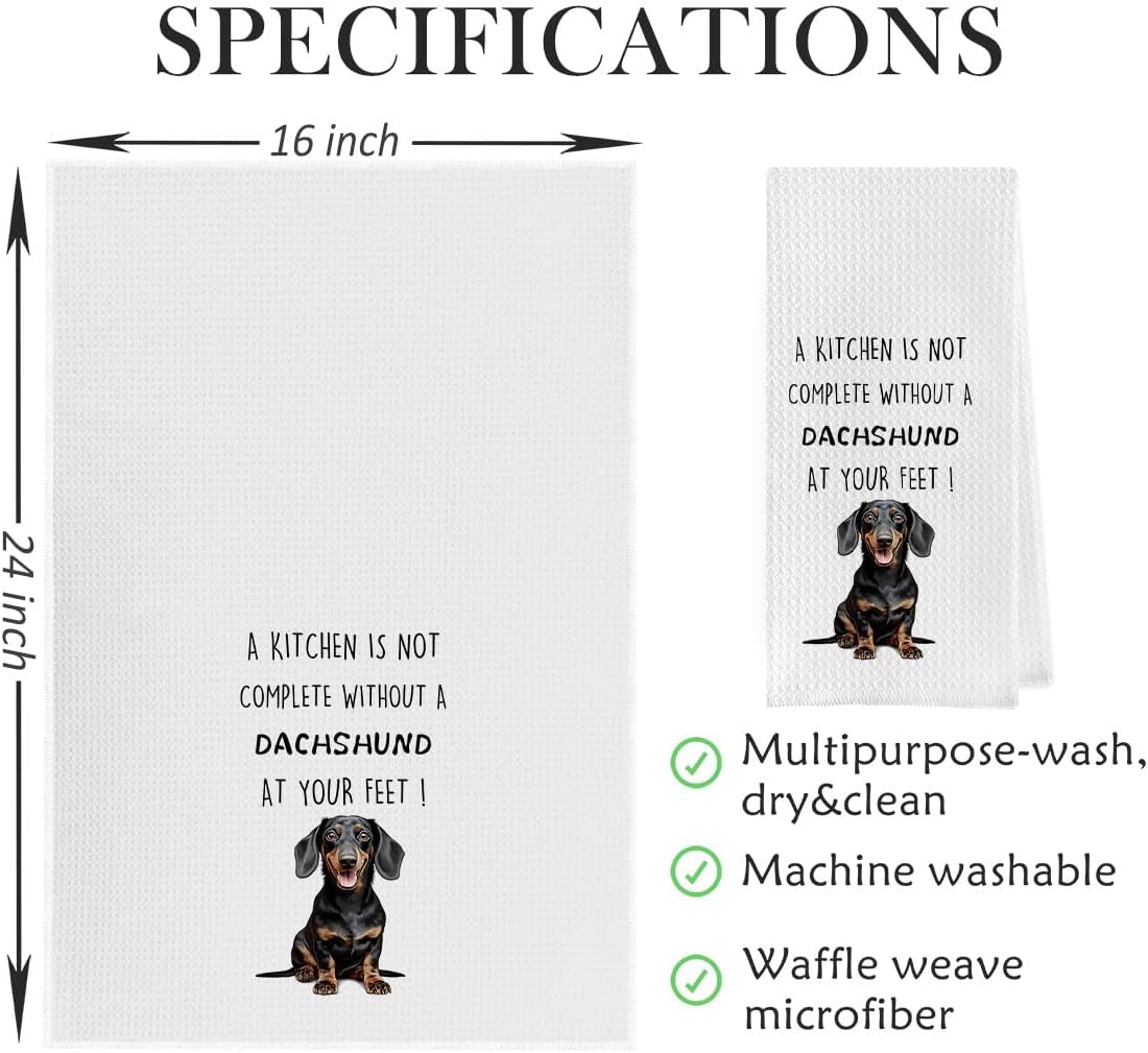 Funny Dachshund Dish Towels Set - Dachshund Gifts Waffle Weave Kitchen Towels, Wiener Dog Decorative Hand Tea Towels for Bathroom Kitchen, Wiener Dog Gifts for Women (16×24 Inches Set of 2)