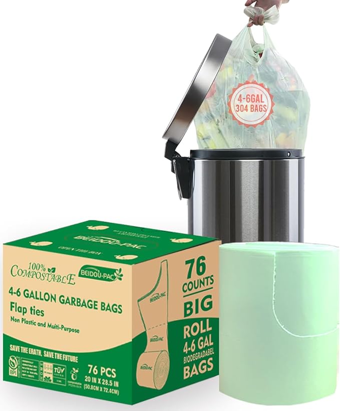 4-6 Gallon Flap Tie Compostable Trash Bags, Kitchen Compost Bags, Sturdy by BEIDOU-PAC