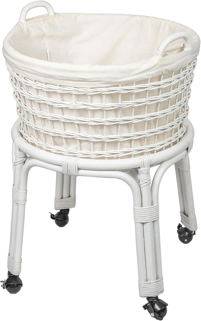 KOUBOO Rolling Wicker Laundry Basket, Handwoven Wicker Hamper with Removable Cotton Liner, Stand, & Locking Caster Wheels (White)