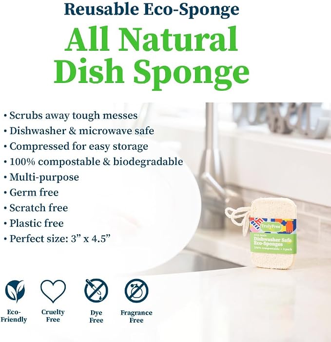 Truly Free Natural Cleaning Sponges, 100% Organic Luffa Dish Scrubber, - Image 2