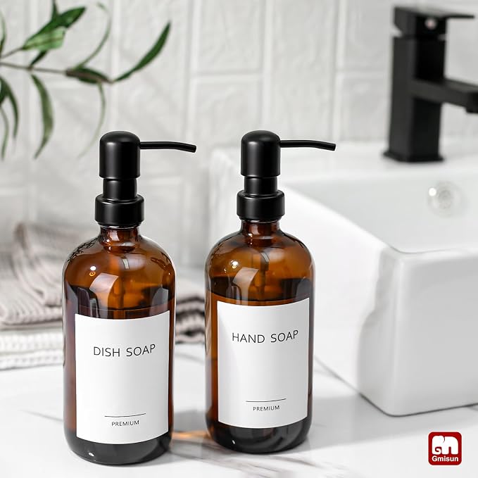 GMISUN Amber Glass Soap Dispenser, 2 Pack Bathroom Hand Soap Dispensers - Image 5