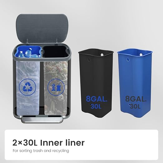 Kitchen Trash Can 16 Gallon, 2 x 30 Liters Trash and Recycle bin Combo - Image 6