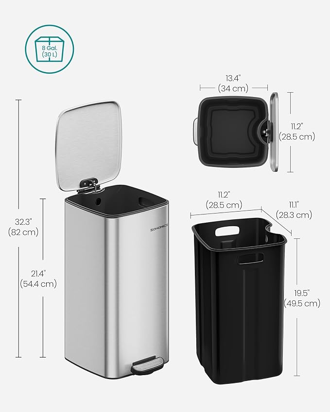 SONGMICS Kitchen Trash Can, 8-Gallon Trash Bin, Stainless Steel Garbage Can - Image 7
