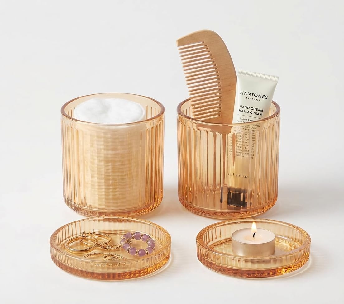 SheeChung 2 Pack Glass Qtip Holder Dispenser, Amber Apothecary Jars | -Bathroom Organizer & Storage Set -Vanity Canister for Cotton Swabs, Balls, Pads - Luxury Modern Farmhouse Decor