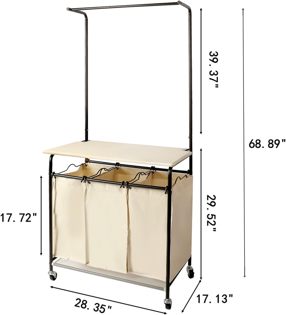 MYOYAY 3 Section Laundry Sorter with Garment Hanging Bar Rack Foldable Ironin...