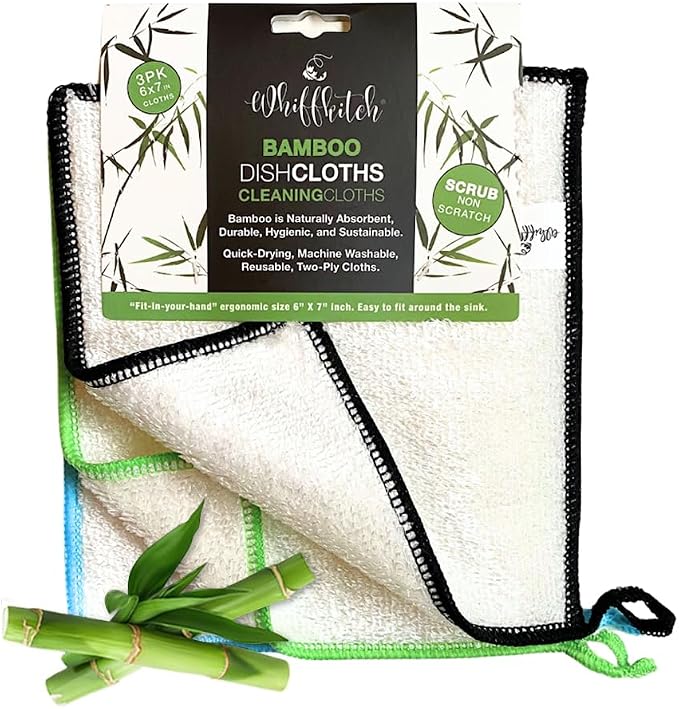 Whiffkitch Dishcloths Dishrags for Kitchen and Household Cleaning 6x7 3-Pack by EcoFriendlyBambooCloths