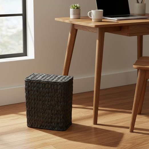 Black Wicker Trash Can with Lid and Liner, Waterproof Narrow Waste Basket - Image 7