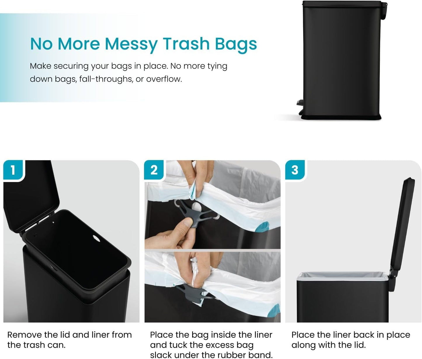 Home Zone Living 4 Gallon Slim Kitchen Trash Can with Soft Close Lid and Step Pedal, Matte Black Stainless Steel Wastebasket with Removable Bucket