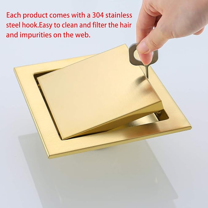 RANDOM Brushed Gold Shower Drain Square 6 inch SUS304 Stainless Steel Shower - Image 7