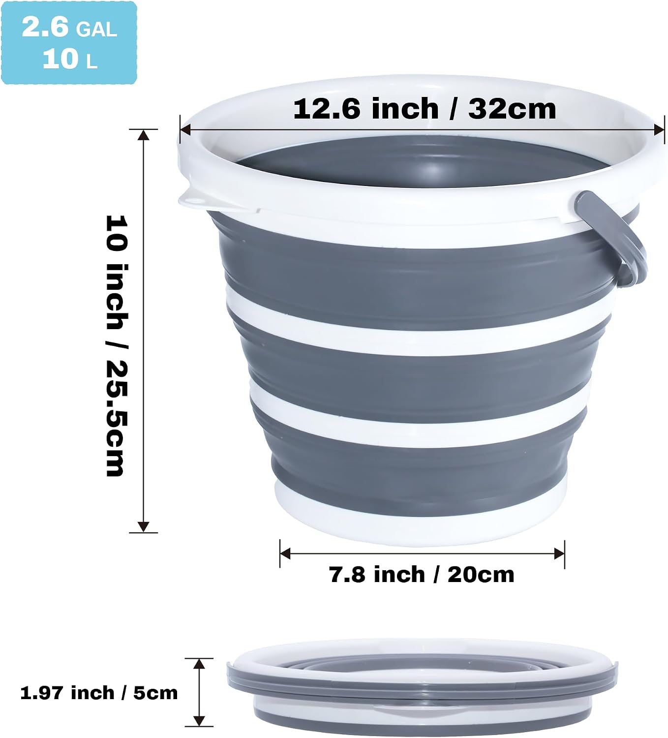 10L Round Collapsible Bucket, 2.6 Gallon Portable Folding Water Container with Handle for Camping, Fishing, Hiking, Travel & Gardening