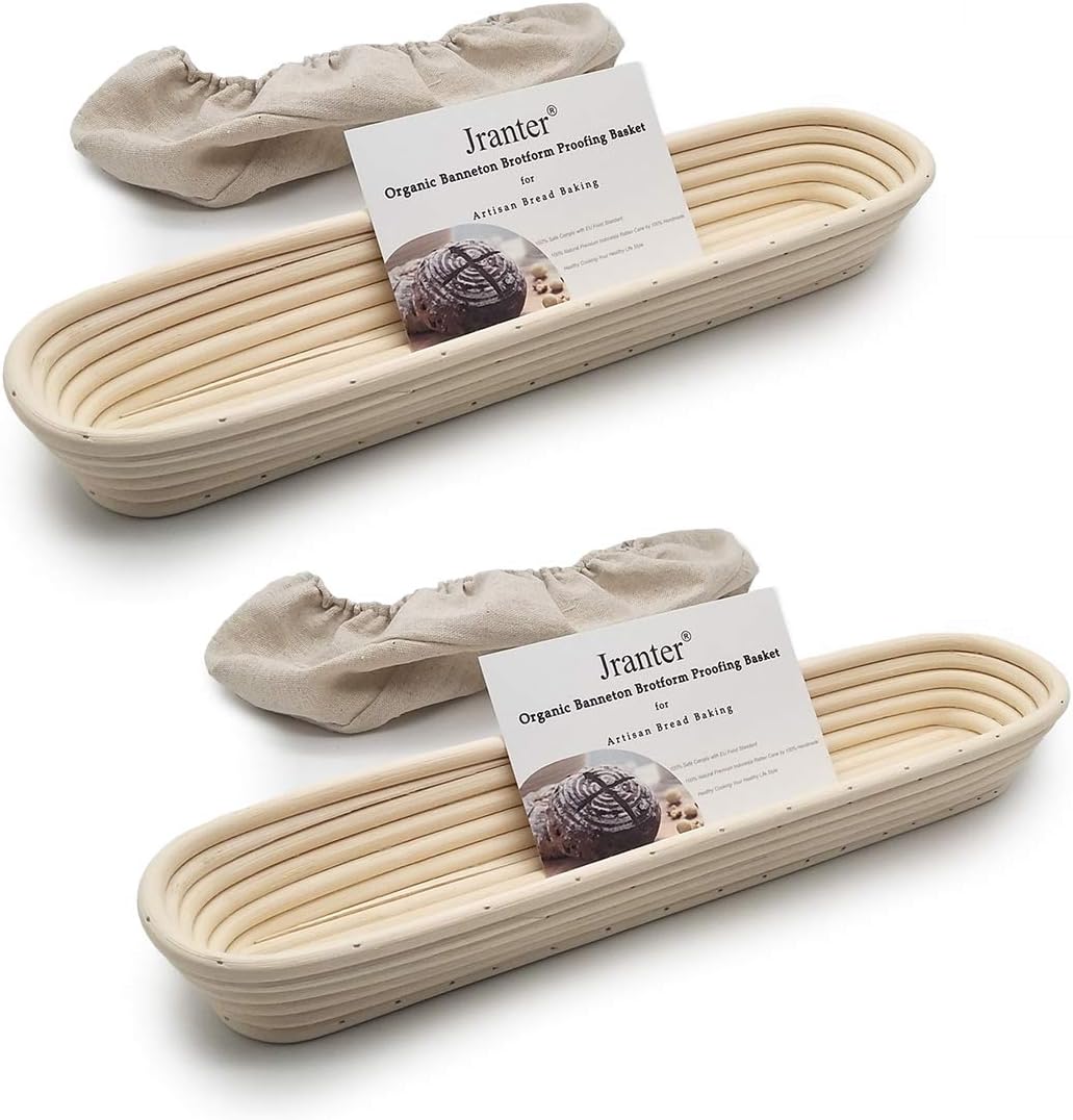 15 inches Baguette Banneton Bread Proofing Basket and Linen Liner Set 2 Pack, Sourdough Proofing Basket Round Proofing Bowls Handmade Rattan Baskets Perfect for Professional & Home Bread Baking
