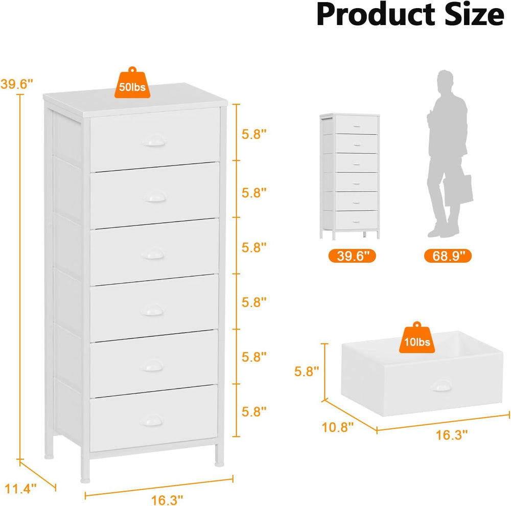 Furnulem White Dresser for Bedroom, 6 Fabric Drawers Chest of Drawers