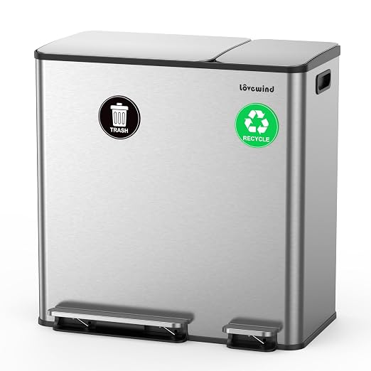 Dual Trash and Recycling Bins for Kitchen, 13.2 + 5.2 Gal Stainless Steel Trash by LOVEWIND
