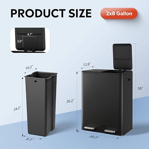 WLIVE Dual Trash Can, 2 x 8 Gallon, Step Trash Can - Image 3