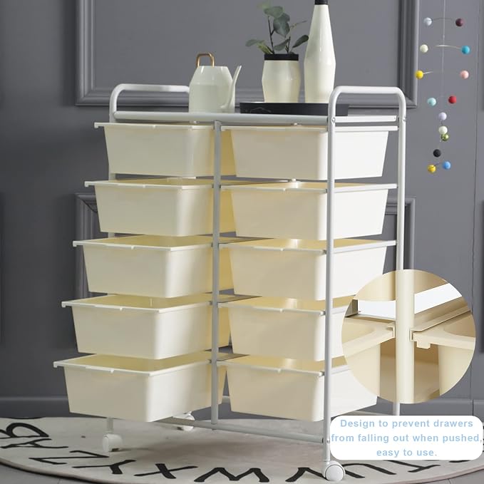 Rolling Cart with 10 Drawers, Plastic Drawer Cart with Metal Frame, Utility - Image 5
