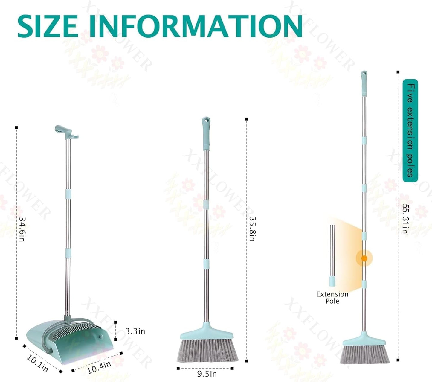 XXXFLOWER Broom and Dustpan Set with Cleaning Teeth, 55" Long Handle Indoor Sweeping Combo for Home Office Kitchen, Bluish Green