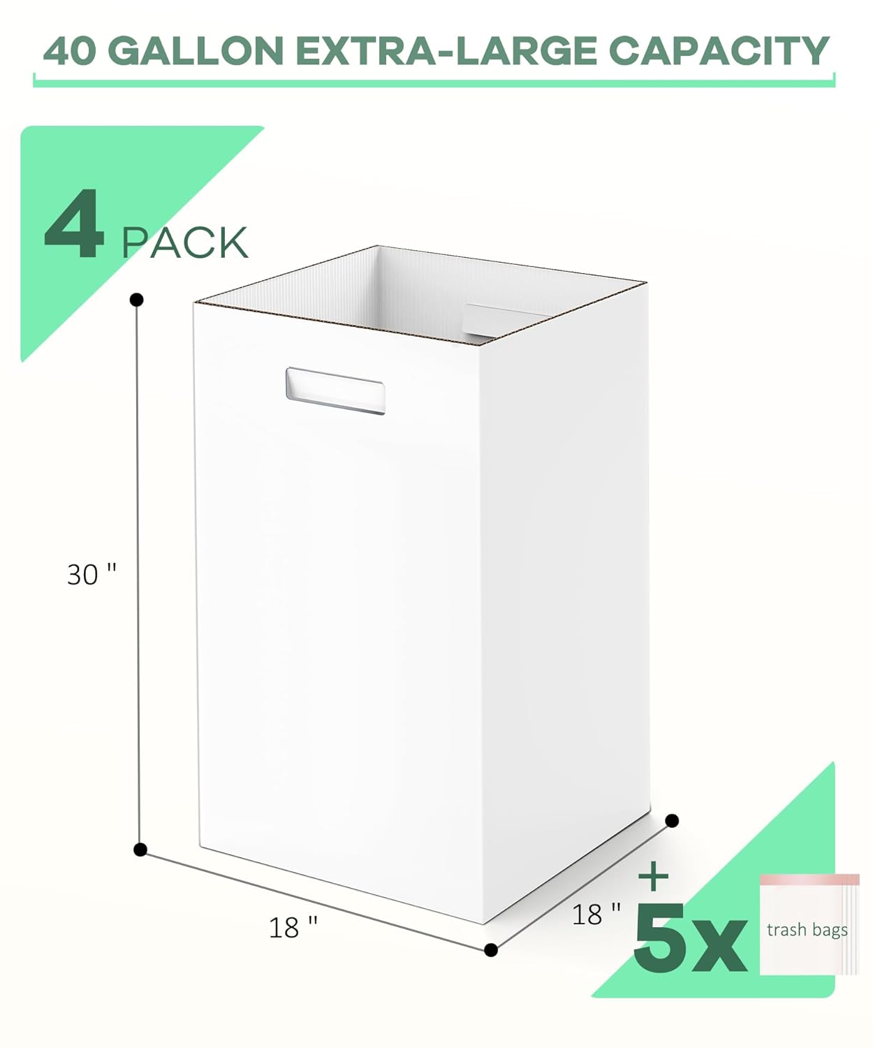 4 Pack 40 Gallon Corrugated Cardboard Disposable Trash Cans, White | 18" L x 18" W x 30" H, With Handle, Collapsible Garbage Cans, Thick Foldable Bins for Parties Events Camping Beach