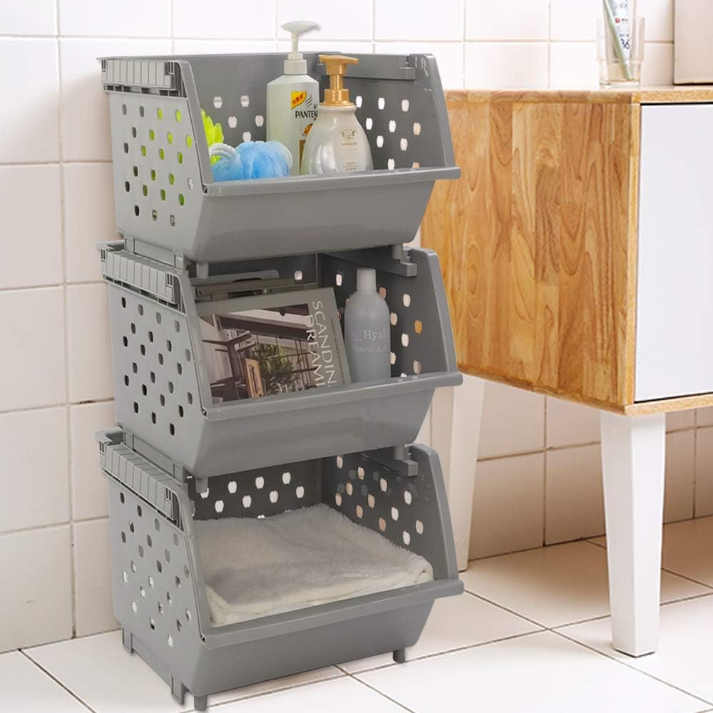 3-Pack Plastic Stacking Open Front Organizer Baskets, Gray