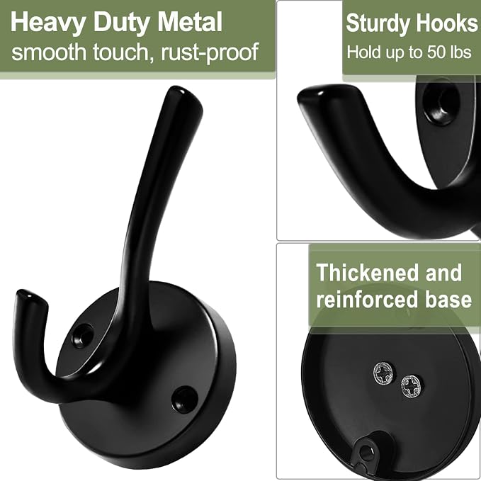 Black Wall Hooks Towel Hooks, 3 Pack Coat Hooks Robe Hook Heavy Duty Metal - Image 8