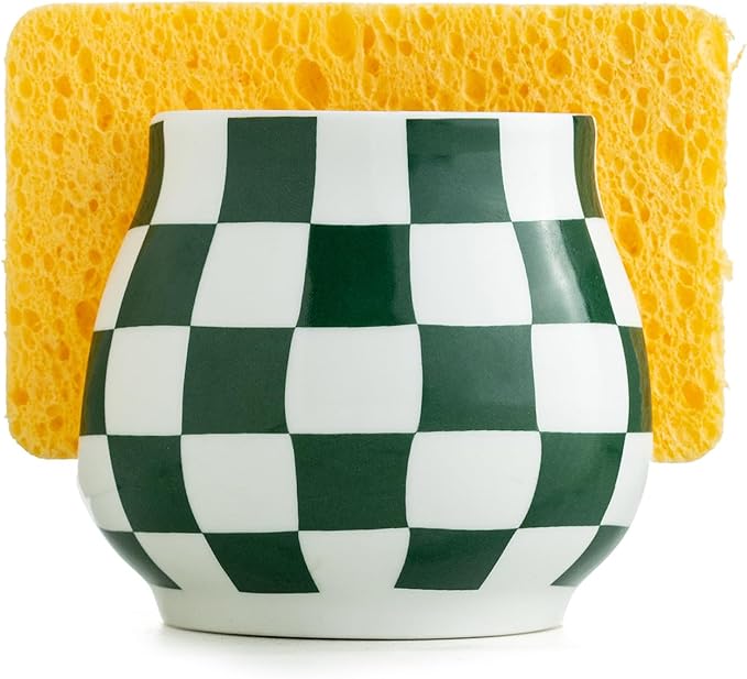 Kitchen Sponge Holder, Ceramic Sponge Organizer Checkered Scrubby Holder Sink by LAUCHUH