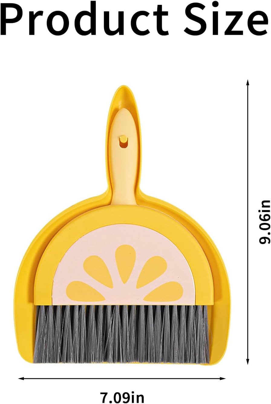Small Broom and Dustpan Set, Household Dustpan and Brush Set with Ultra Thin Flat Bristles Leak‑Proof Dustpan for Home Cleaning, Tabletop Debris, Keyboards&Clean Pet Cages (Lemon)