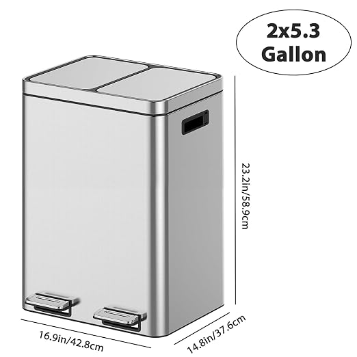 2 x 5.3 Gal Trash Can, Stainless Steel Triple Compartment Step-On Recycling Bin - Image 3