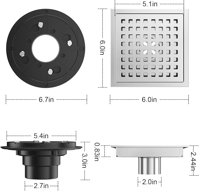 6 Inch Square Shower Drain Chrome, Bathroom Floor Drain, Stainless Steel Drain - Image 3